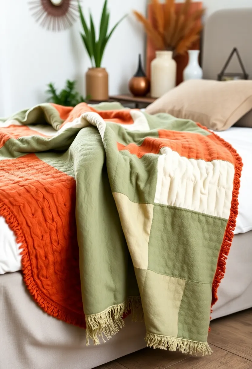 Layers of Textiles: 15 Earthy Terracotta and Sage Green Bedding and Throws for Ultimate Comfort! - 15. Patchwork throw in sage green and terracotta