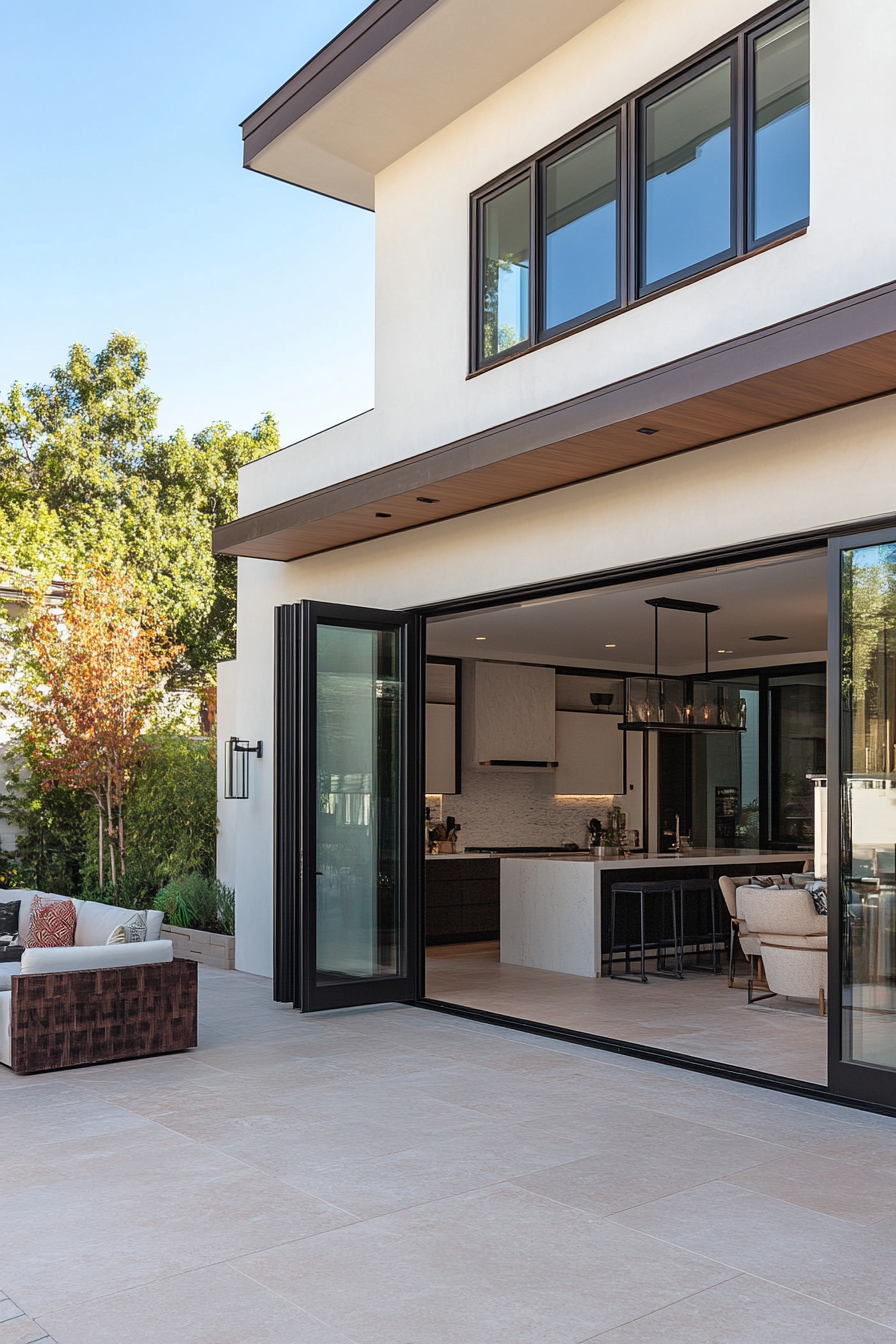 At home with large retractable glass doors and outside terrace