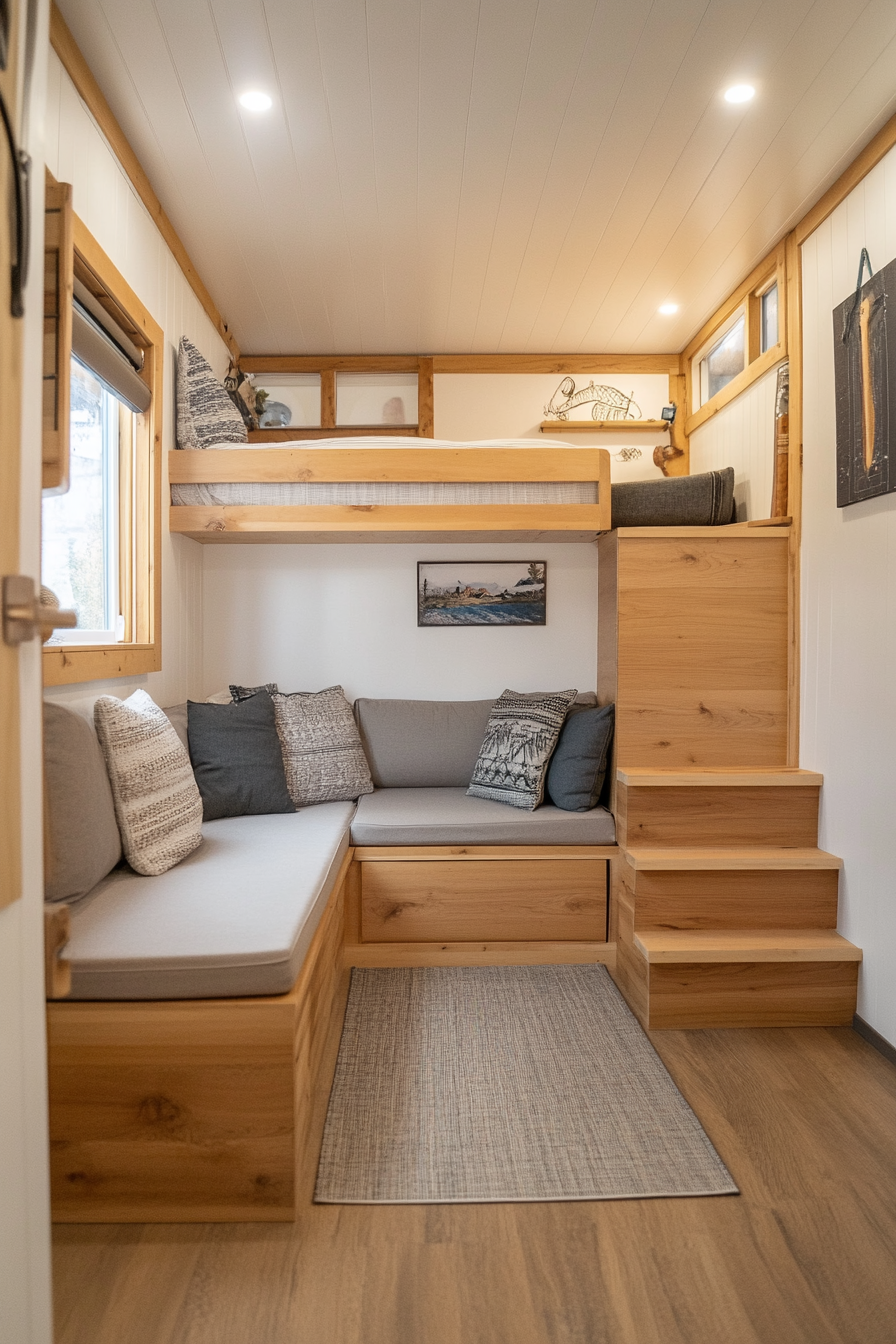 Interior of the tiny house with multi -purpose furniture and efficient design