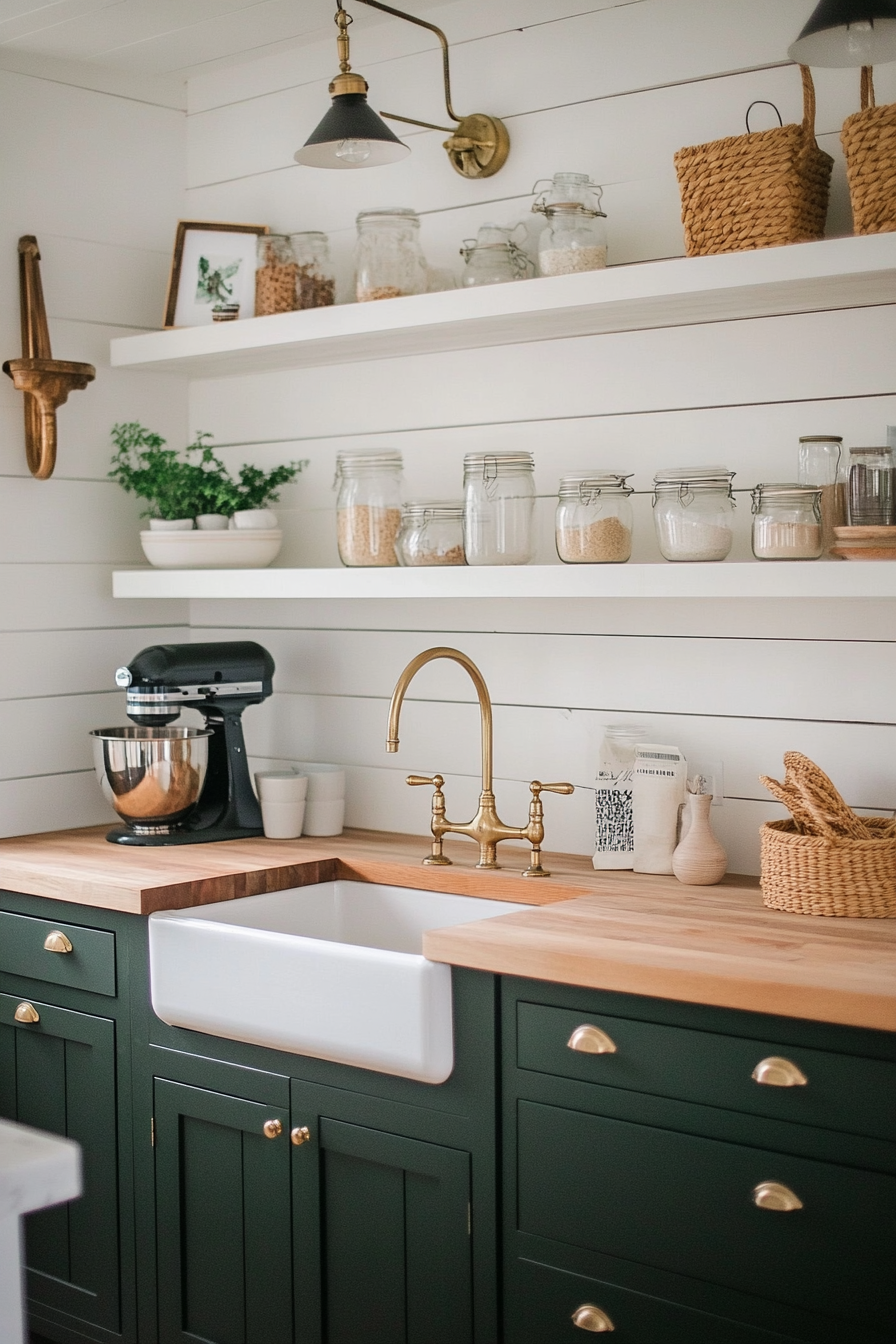 Peasant kitchen with dark green cupboards and brass fittings