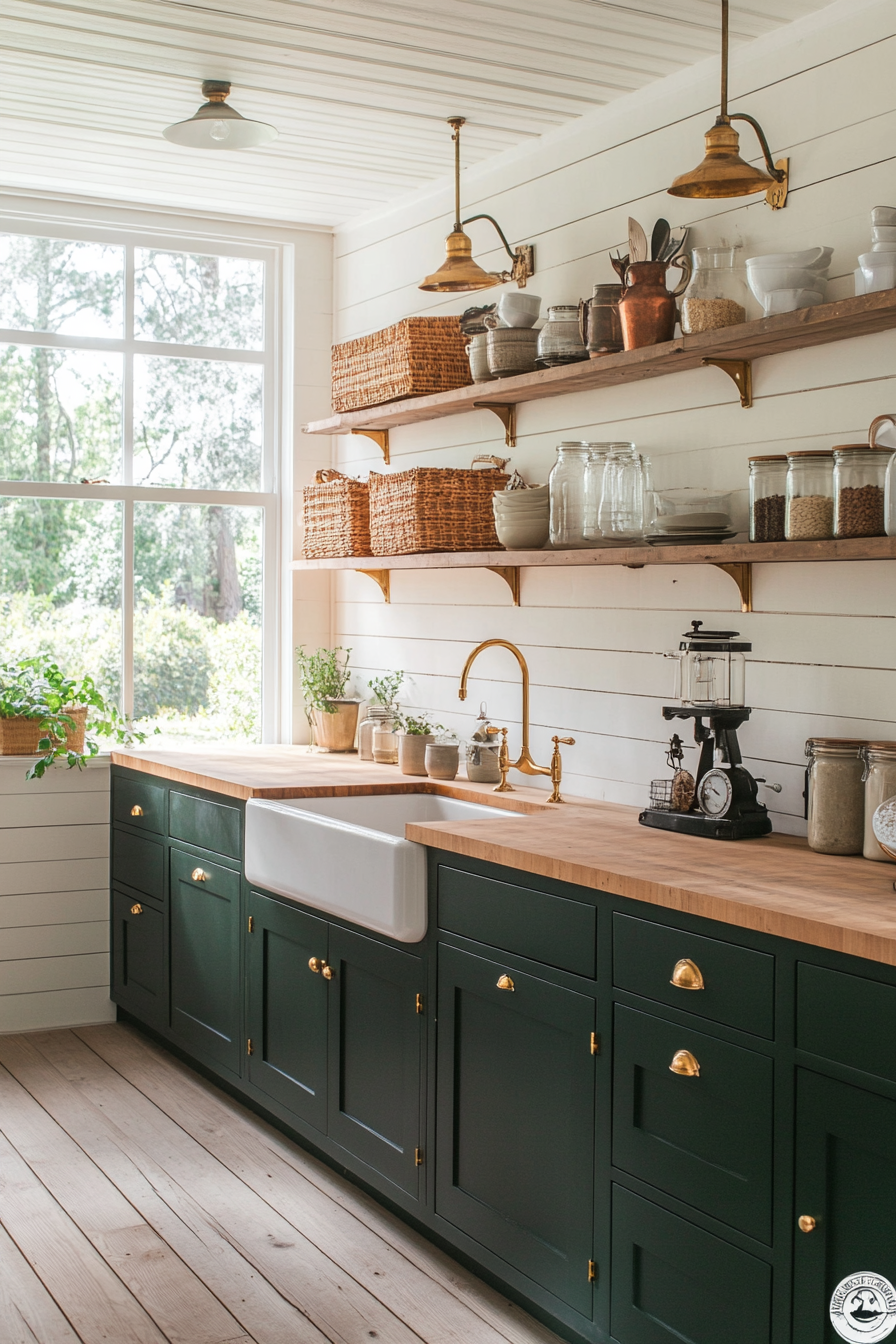 Peasant kitchen with dark green cupboards and brass fittings