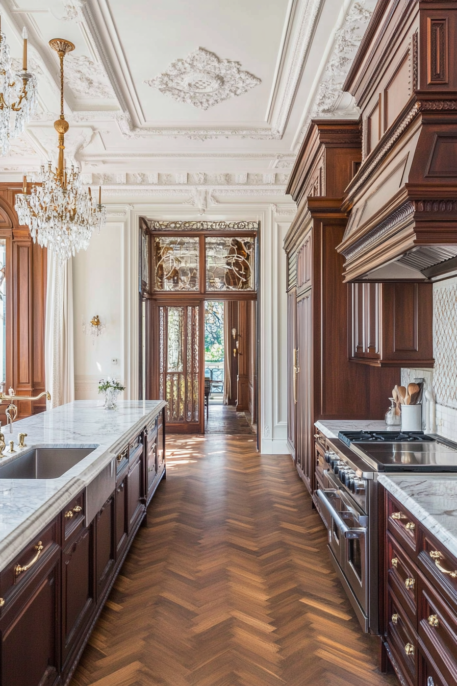 Victorian cuisine with dark wooden cabinets and marble worktops