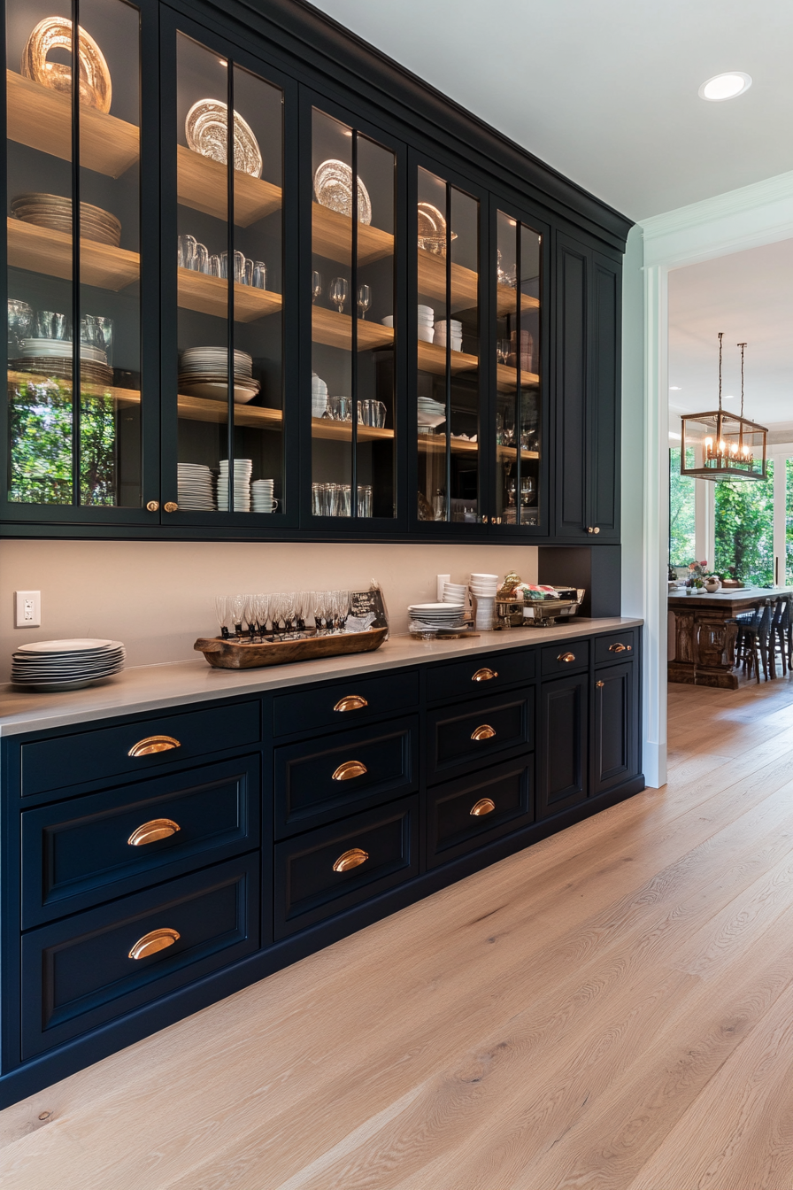 Kitchen with deep blue cupboards and glass fronts