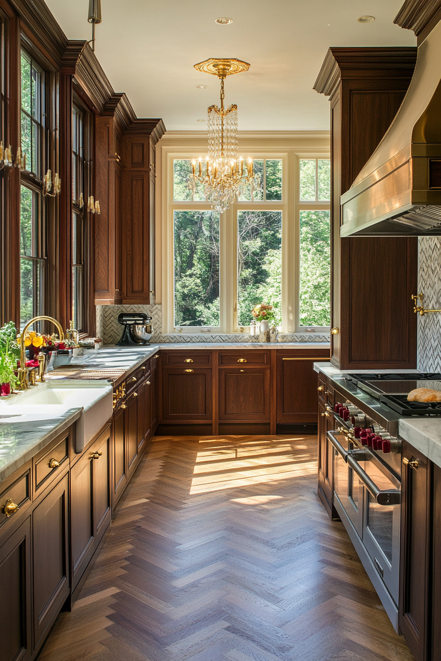 Victorian cuisine with dark wooden cabinets and marble worktops