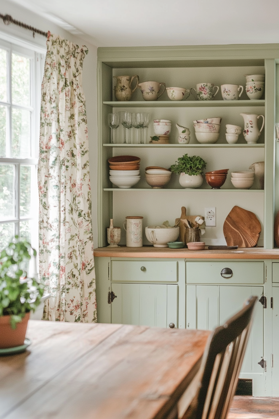 Country kitchen with sage green cupboards and vintage pottery