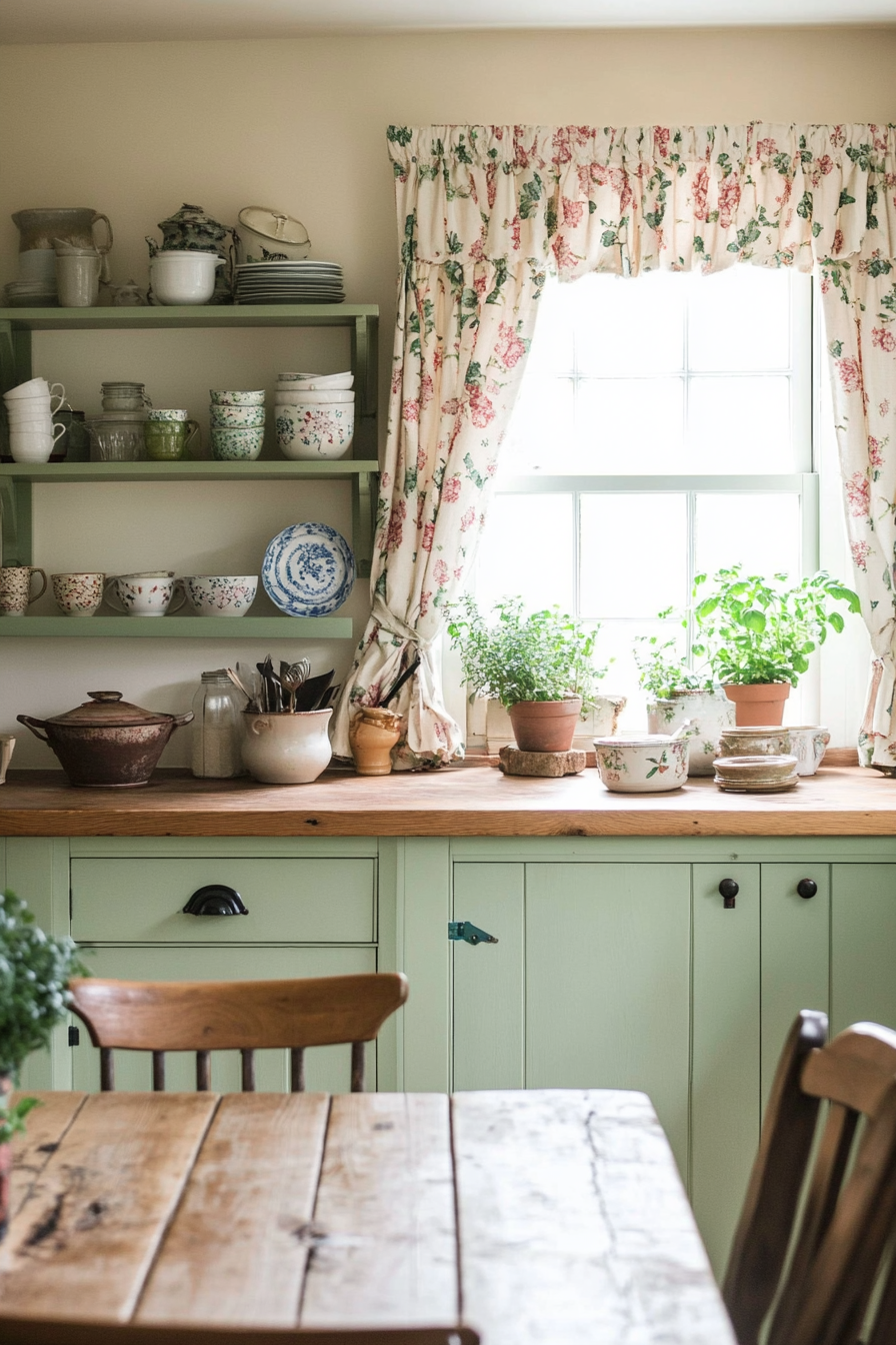 Country kitchen with sage green cupboards and vintage pottery