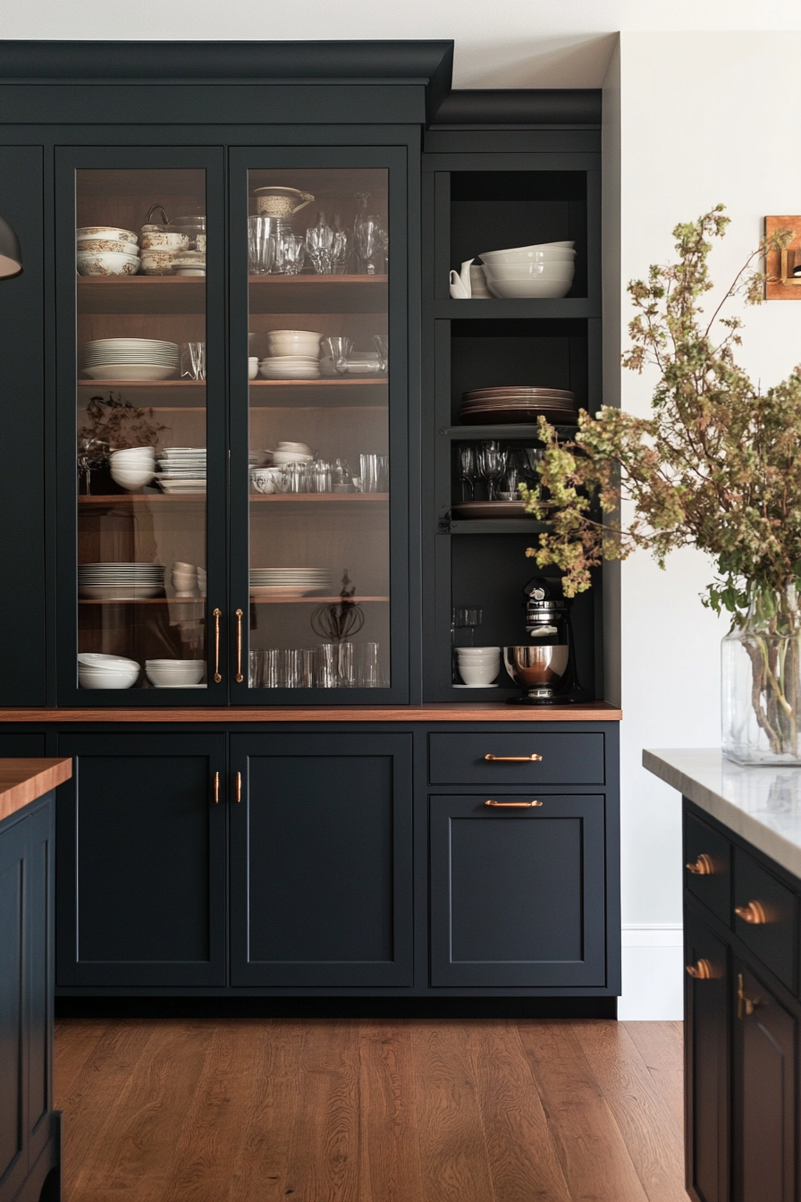 Kitchen with deep blue cupboards and glass fronts