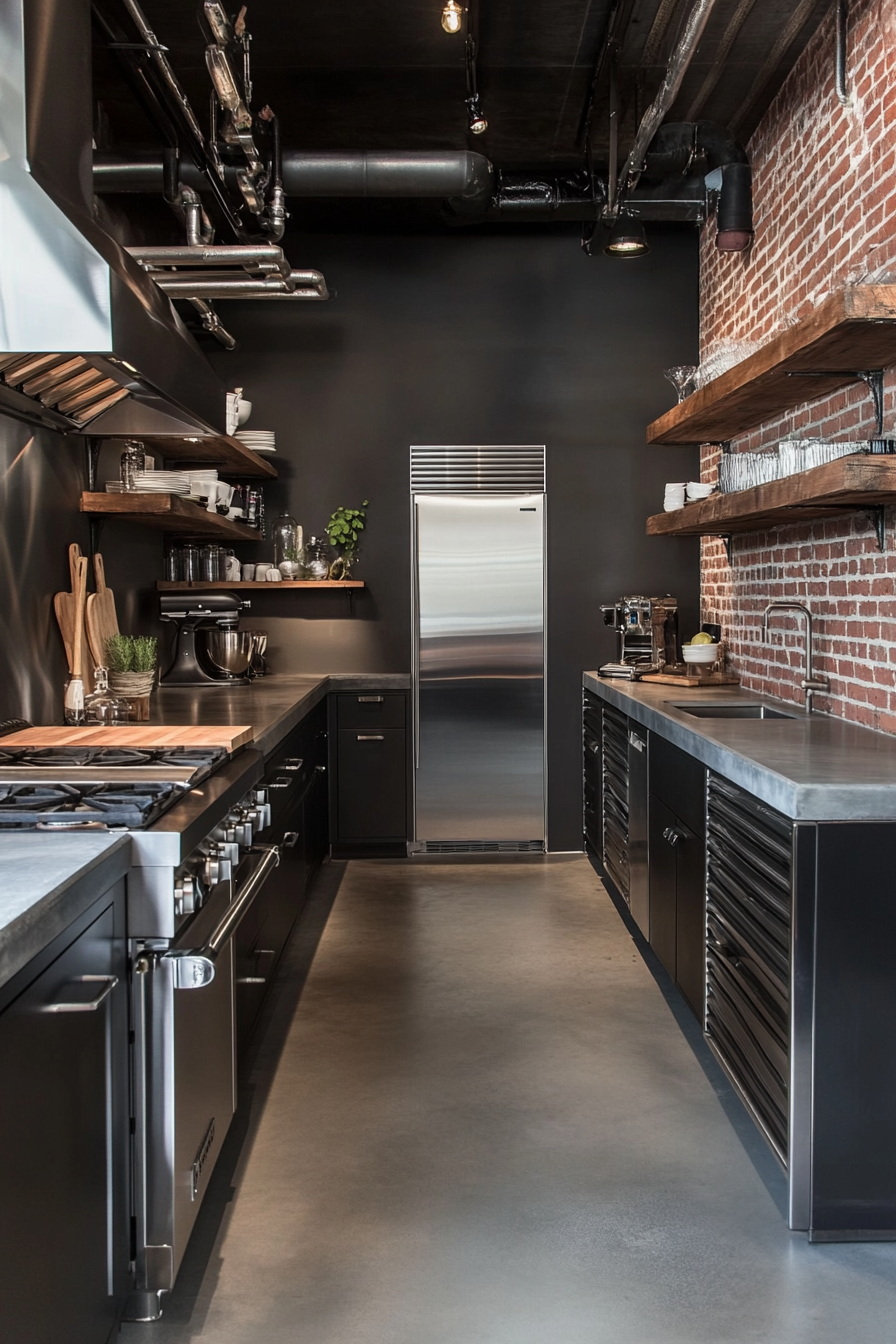 Industrial kitchen with anthracite -colored walls and exposed bricks