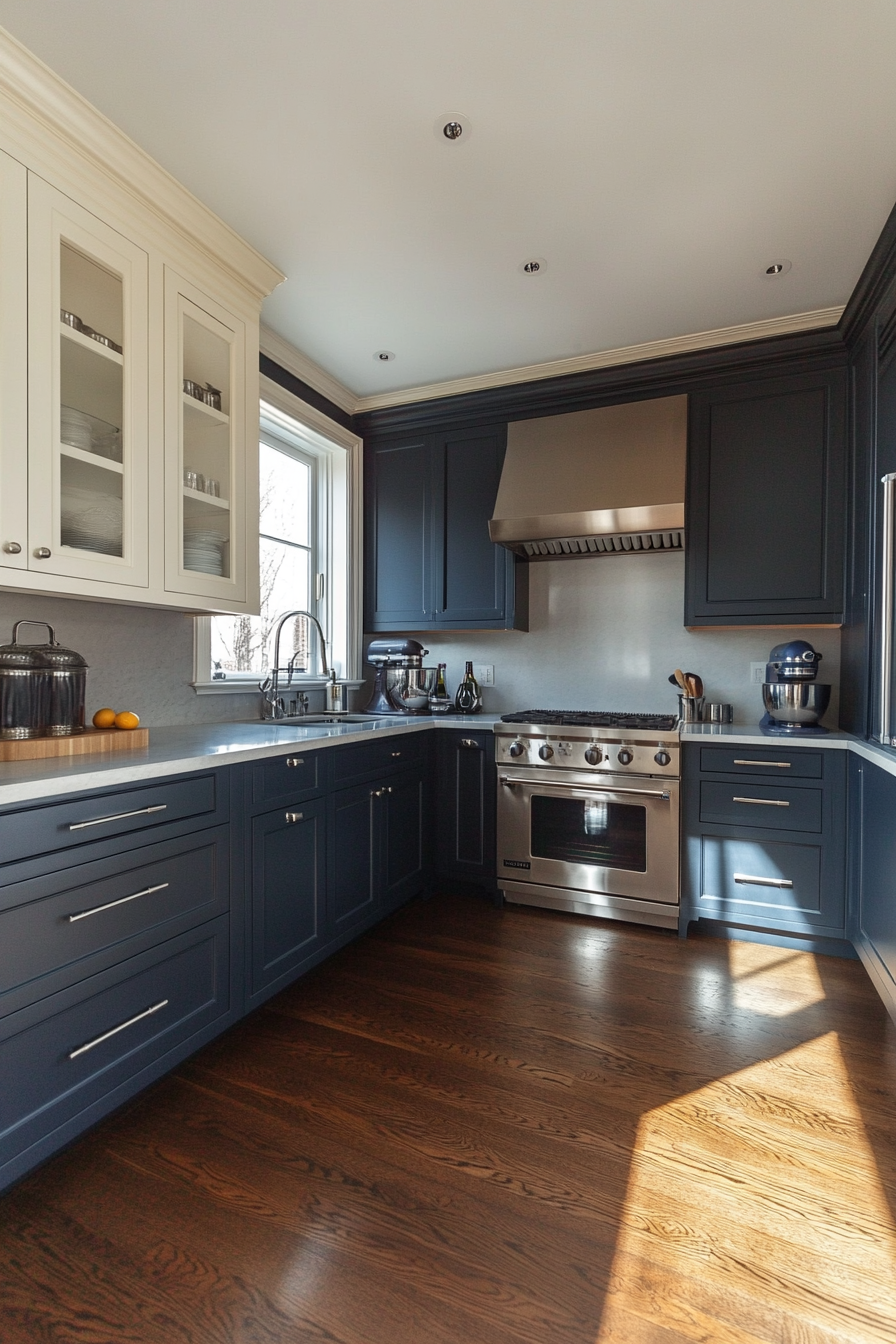 Kitchen with deep blue walls and anthracite -colored cupboards