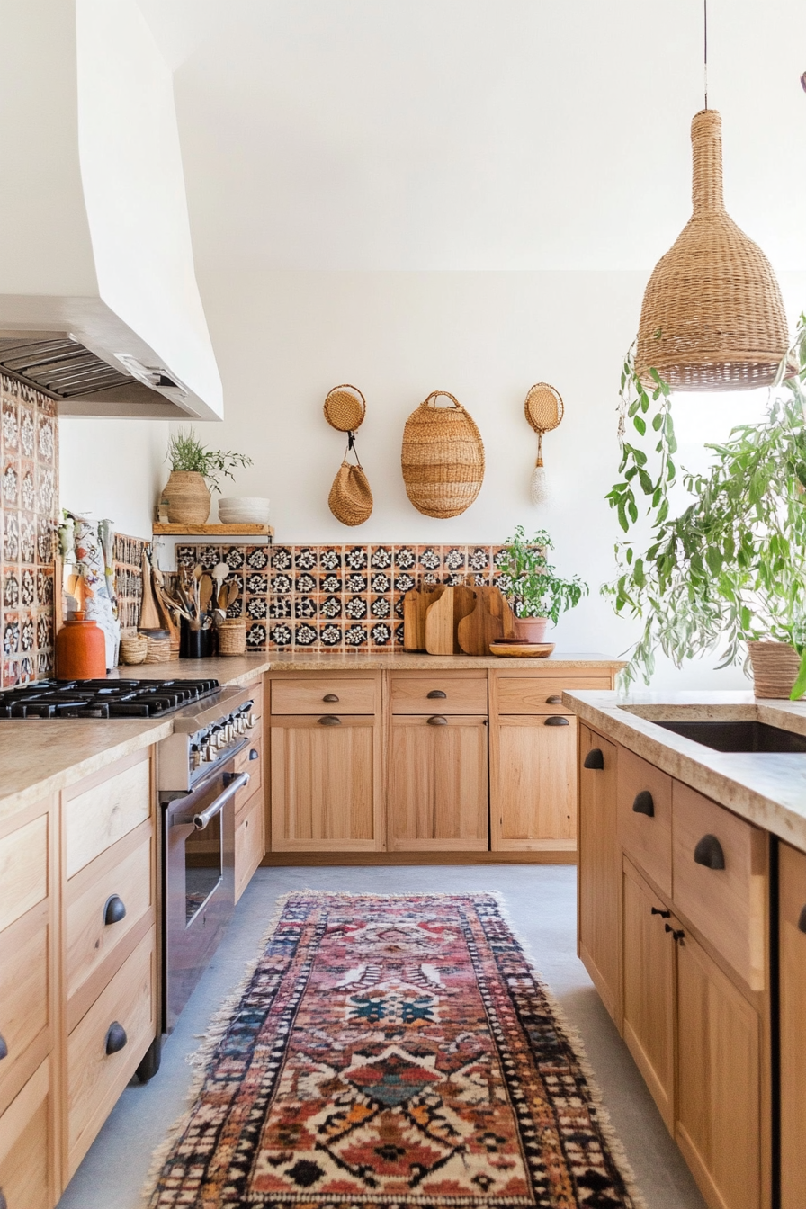 Bohemian cuisine with wooden cabinets and colorful tiles