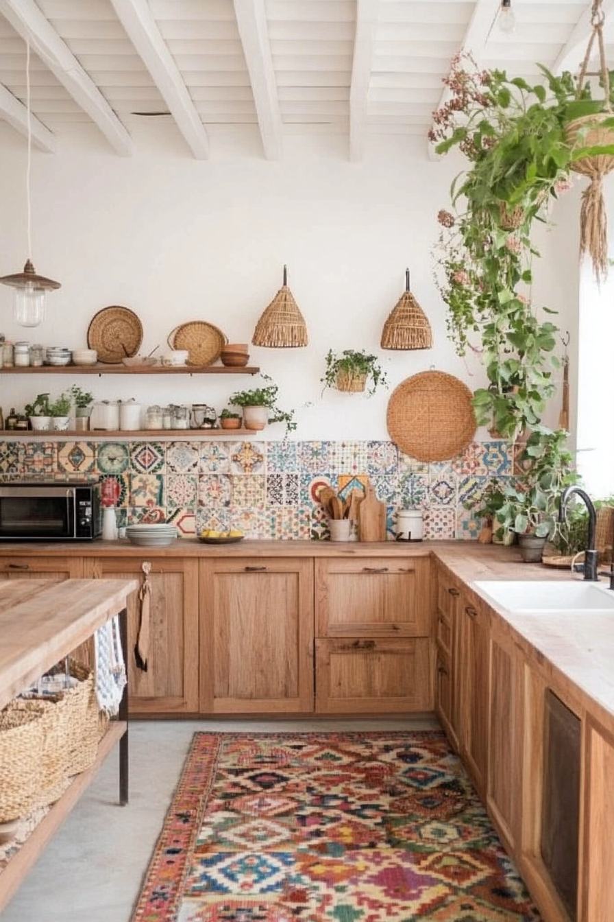 Bohemian cuisine with wooden cabinets and colorful tiles