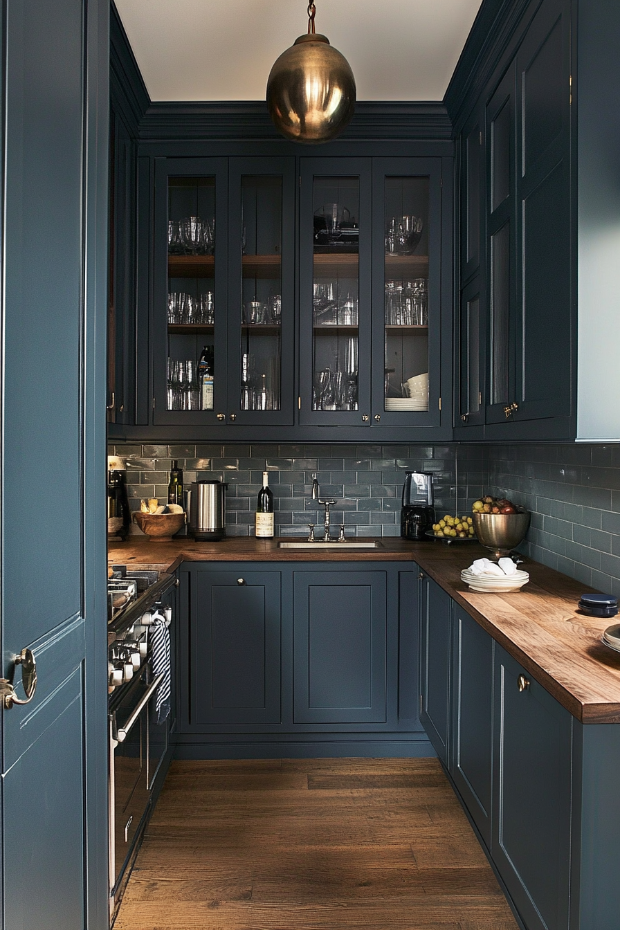 Kitchen with deep blue walls and anthracite -colored cupboards