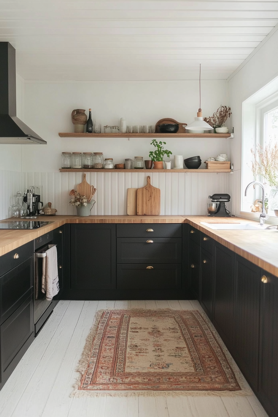 Scandinavian cuisine with white walls and black cupboards