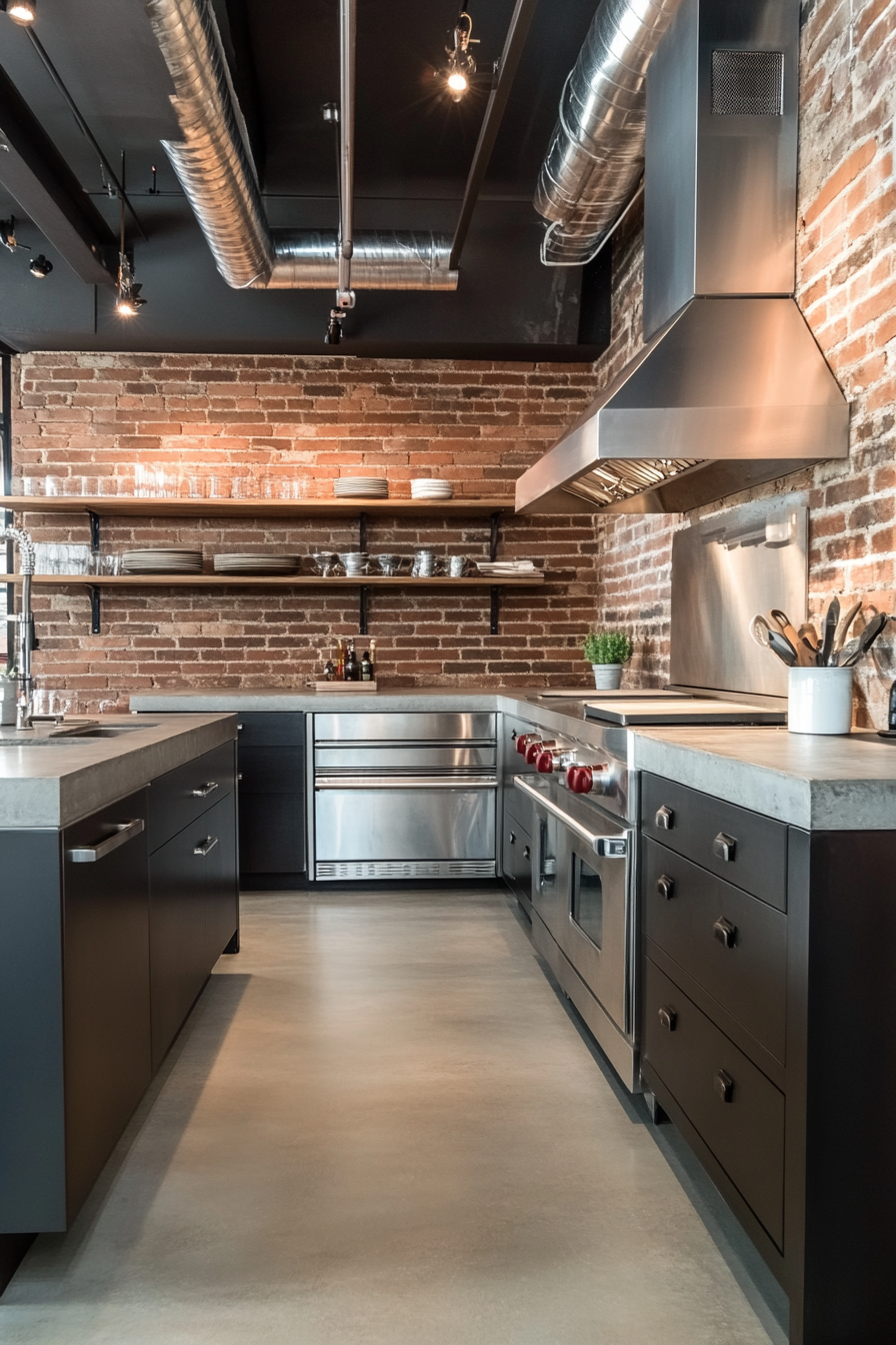 Industrial kitchen with anthracite -colored walls and exposed bricks