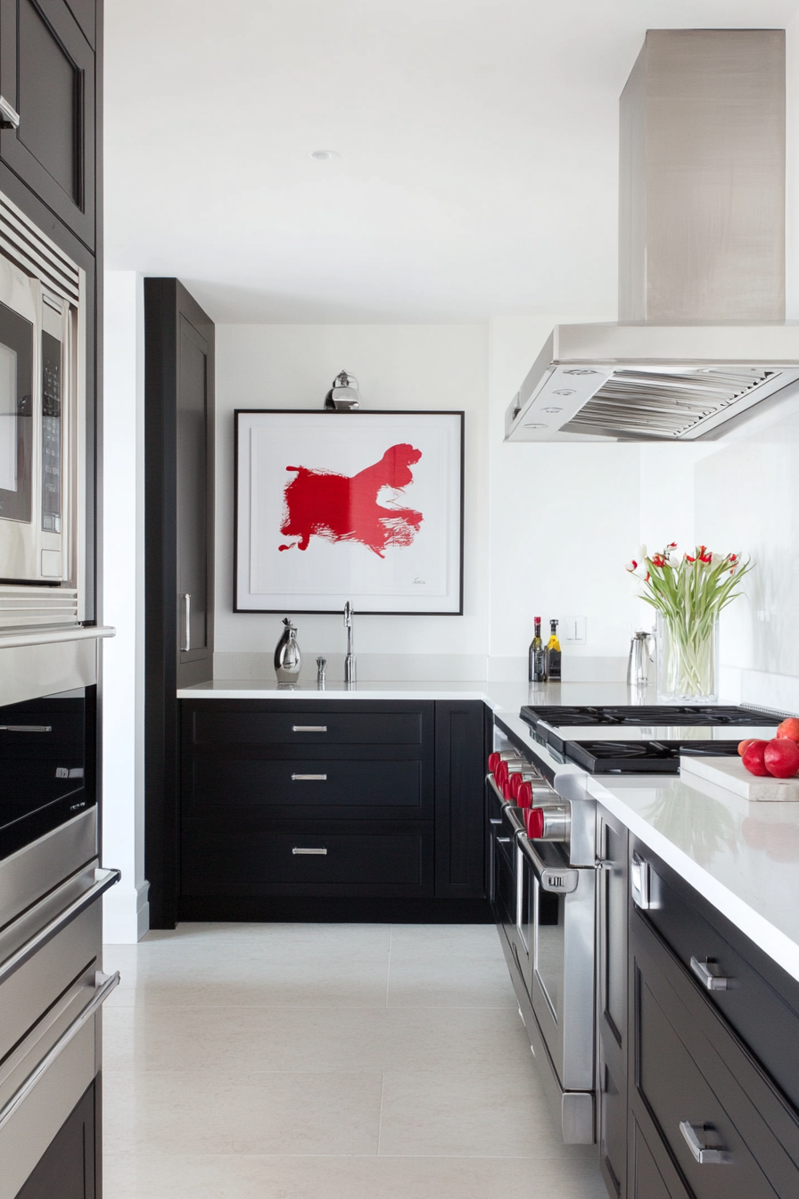 Urban-fate cuisine with high-gloss black cupboards and devices made of stainless steel