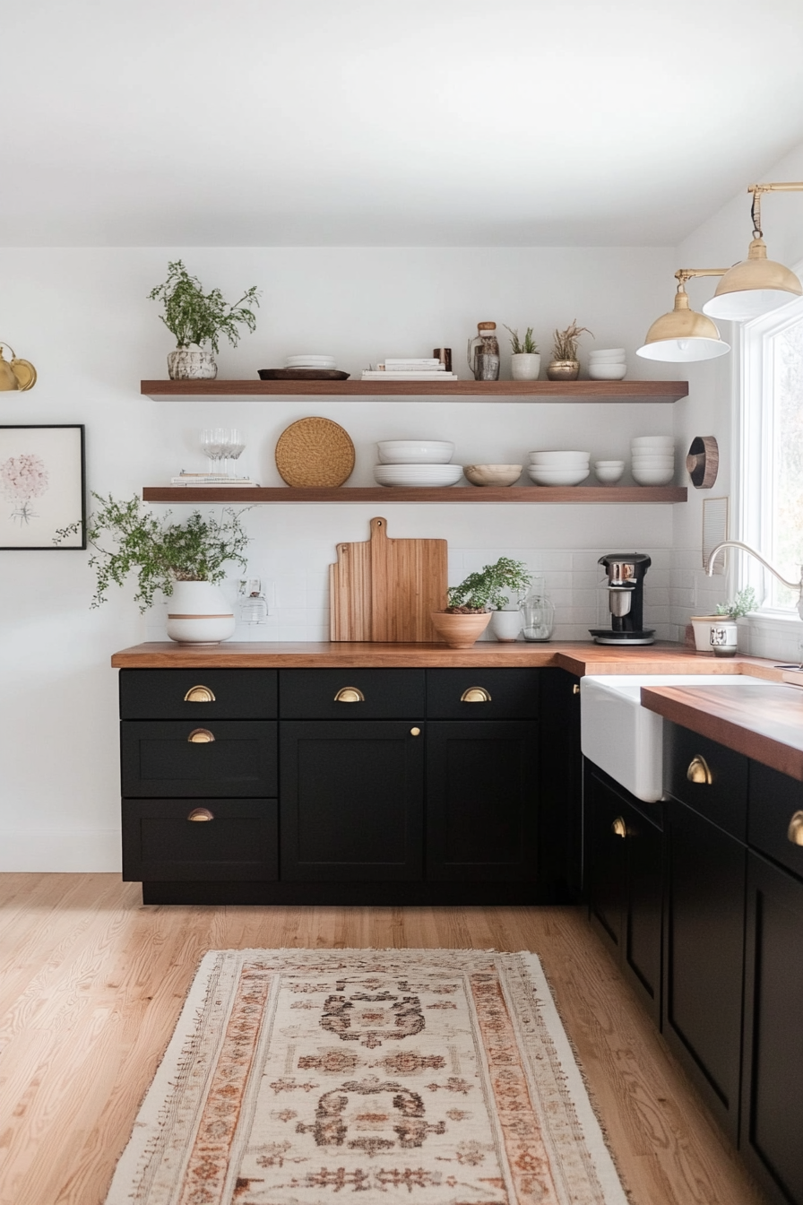 Scandinavian cuisine with white walls and black cupboards