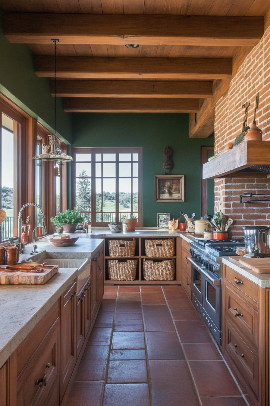 Rustic cuisine with wooden cabinets and stone worktops