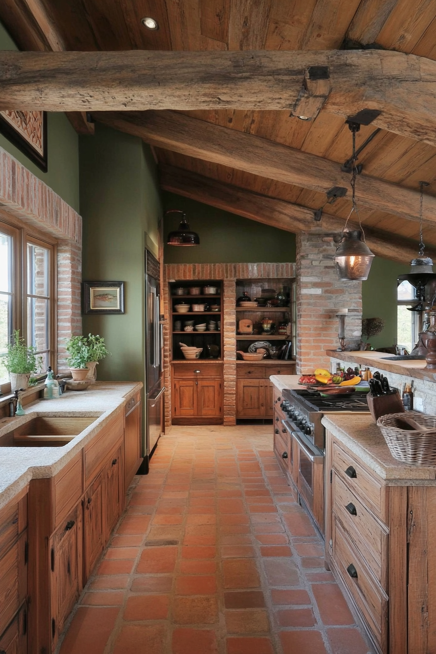 Rustic cuisine with wooden cabinets and stone worktops