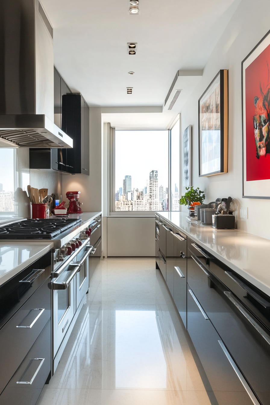 Urban-fate cuisine with high-gloss black cupboards and devices made of stainless steel