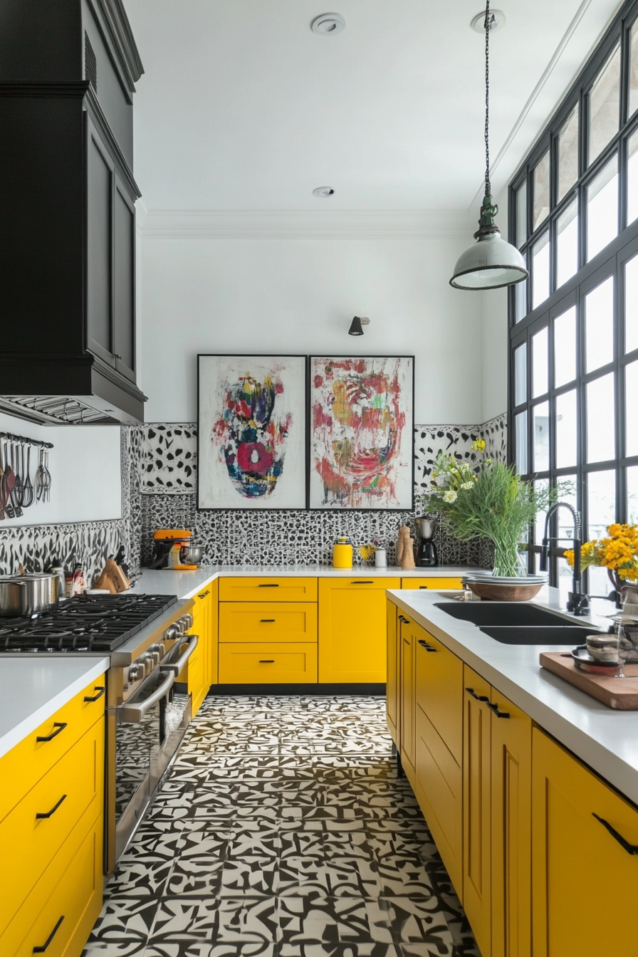 Artistic cuisine with black and white walls and strong yellow cupboards