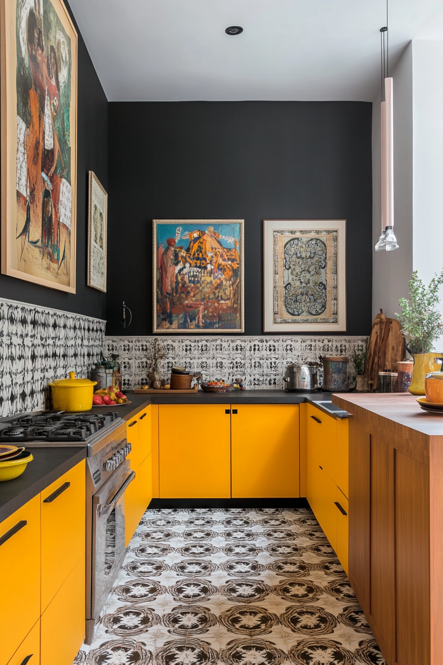 Artistic cuisine with black and white walls and strong yellow cupboards