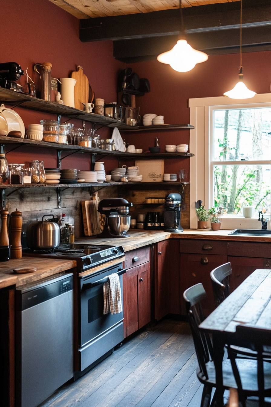 Cozy cuisine with deep red walls and wooden cabinets