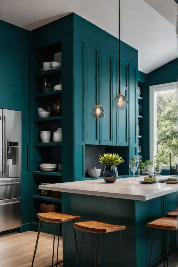 Teal accent wall in a kitchen