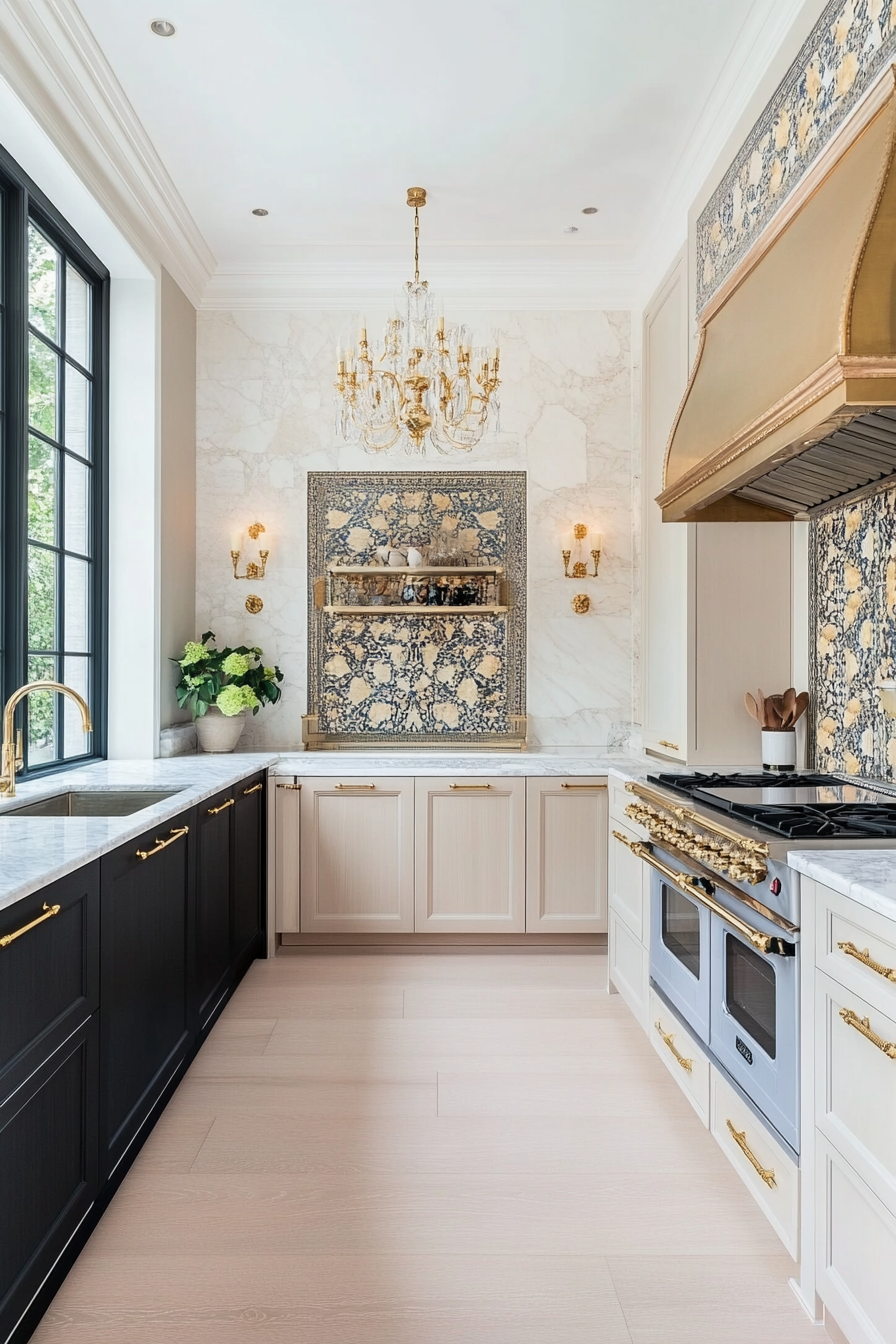 Marble worktops, brass fittings and tailor -made cupboards