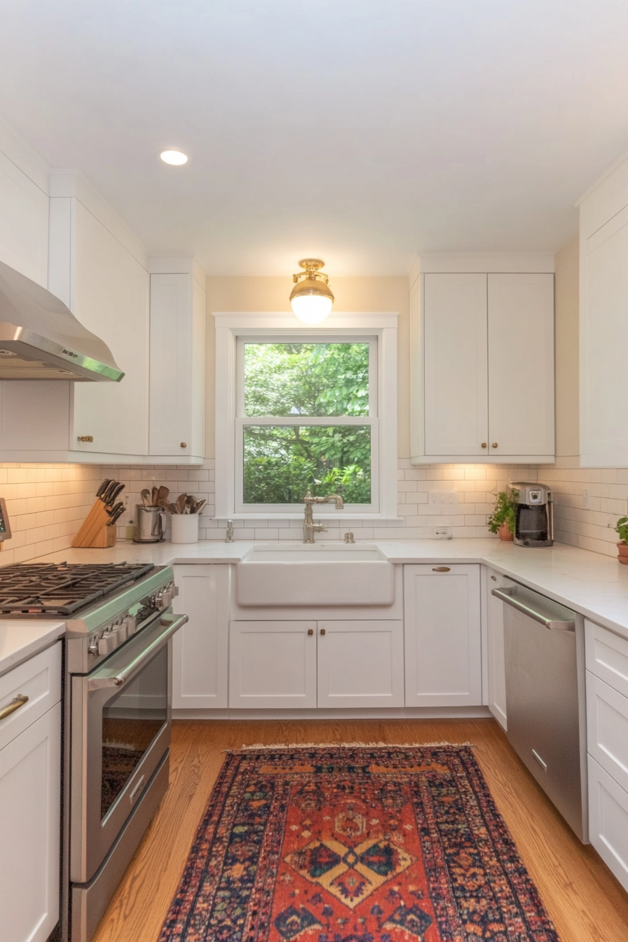 White cupboards, worktops and back walls