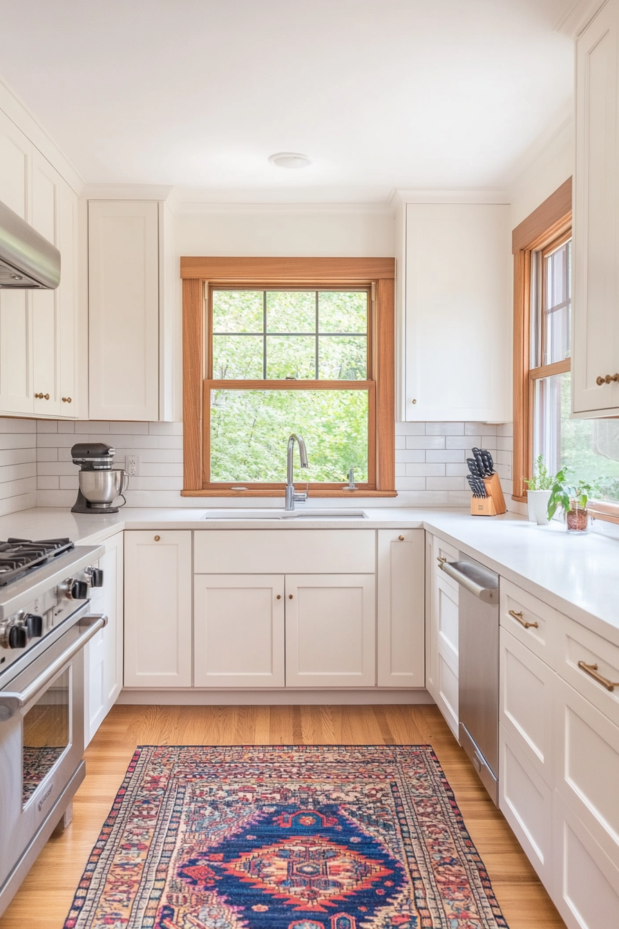 White cupboards, worktops and back walls