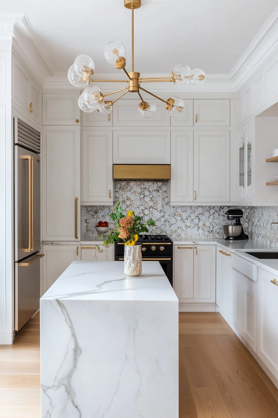 Marble worktops, brass fittings and tailor -made cupboards