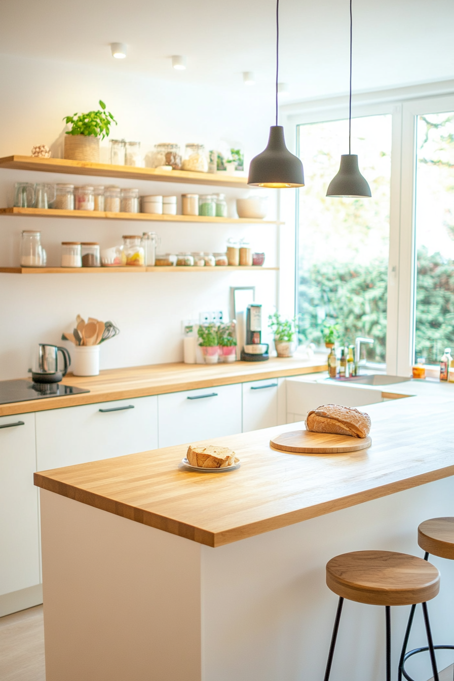 Compact island with integrated shelves and butcher block worktop