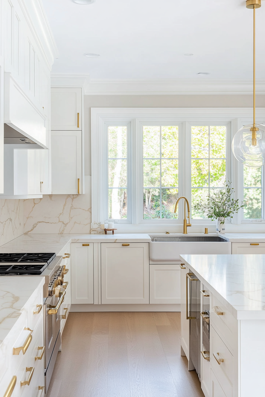 White cupboards with golden fittings and accents