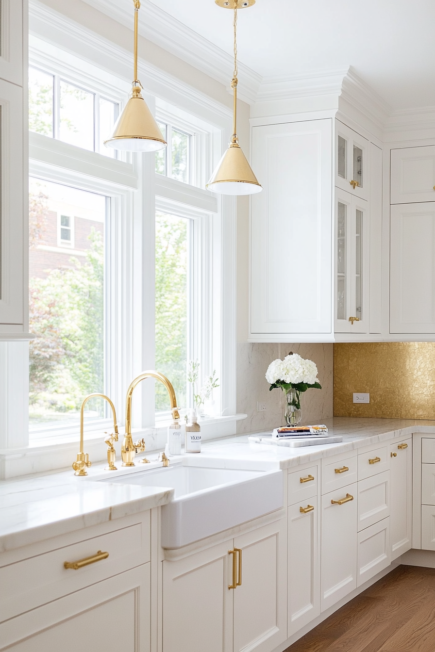 White cupboards with golden fittings and accents