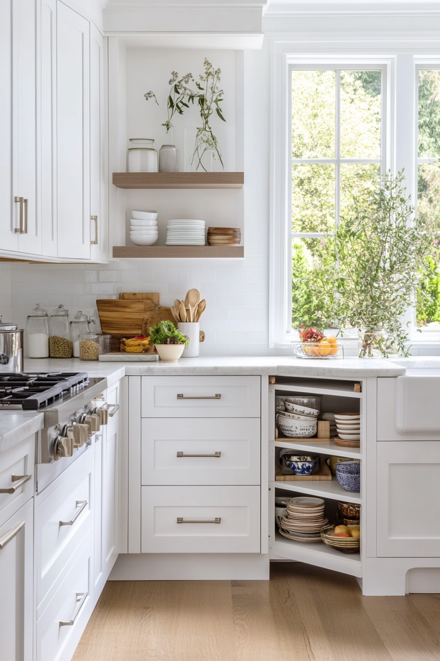 Extendable storage cabinets and corner cabinets with rotating shelves