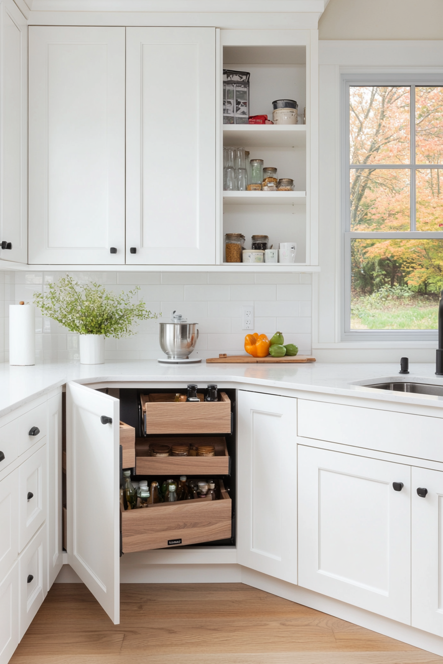 Extendable storage cabinets and corner cabinets with rotating shelves