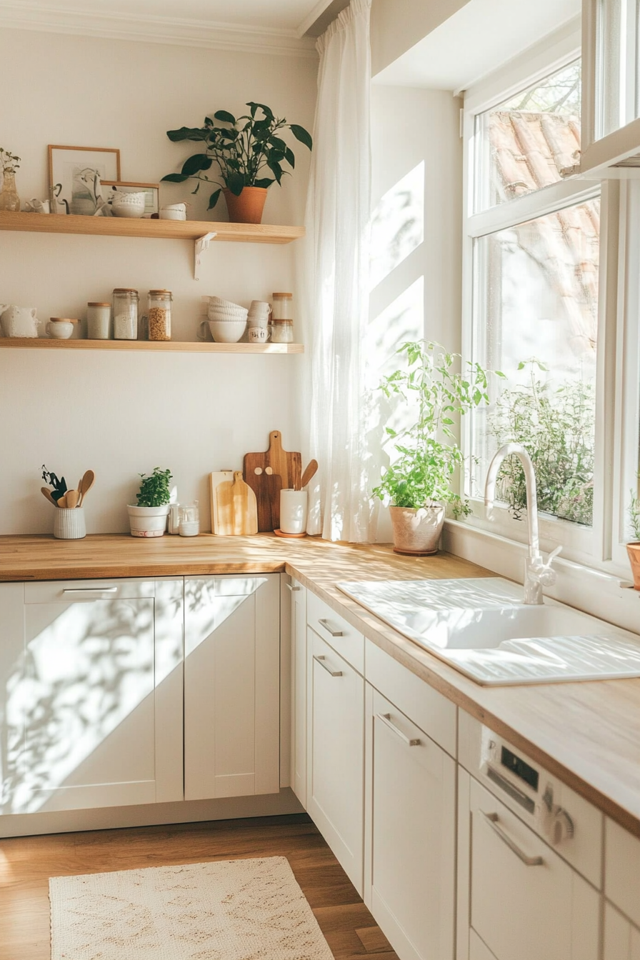 White cupboards, worktops made of light wood and large windows