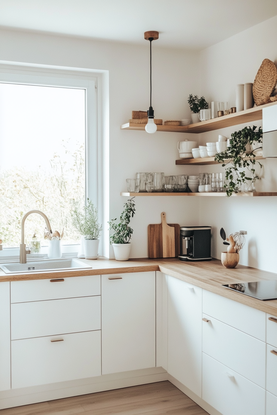 White cupboards, worktops made of light wood and large windows