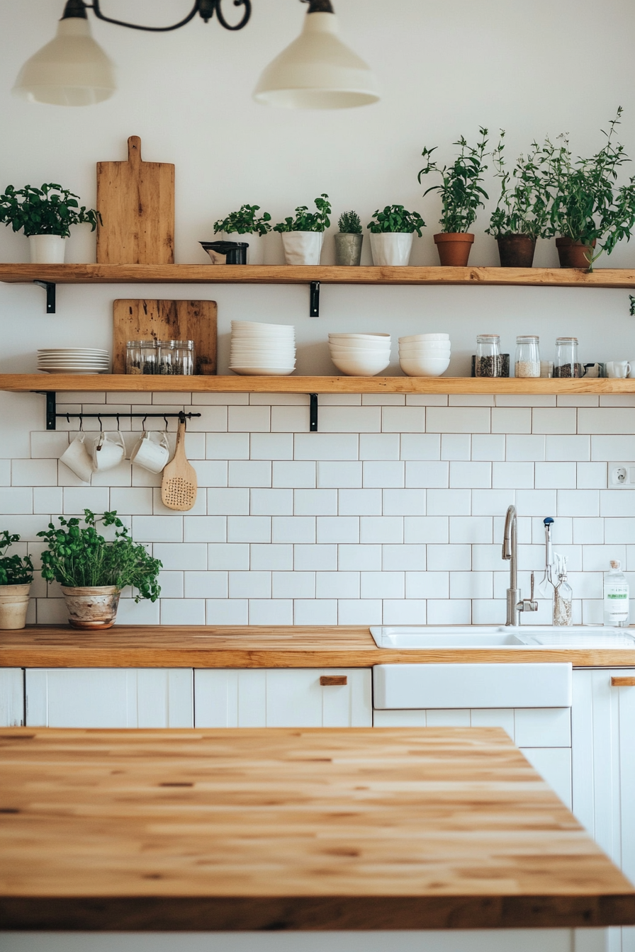 Kitchen with open shelves and rustic decoration