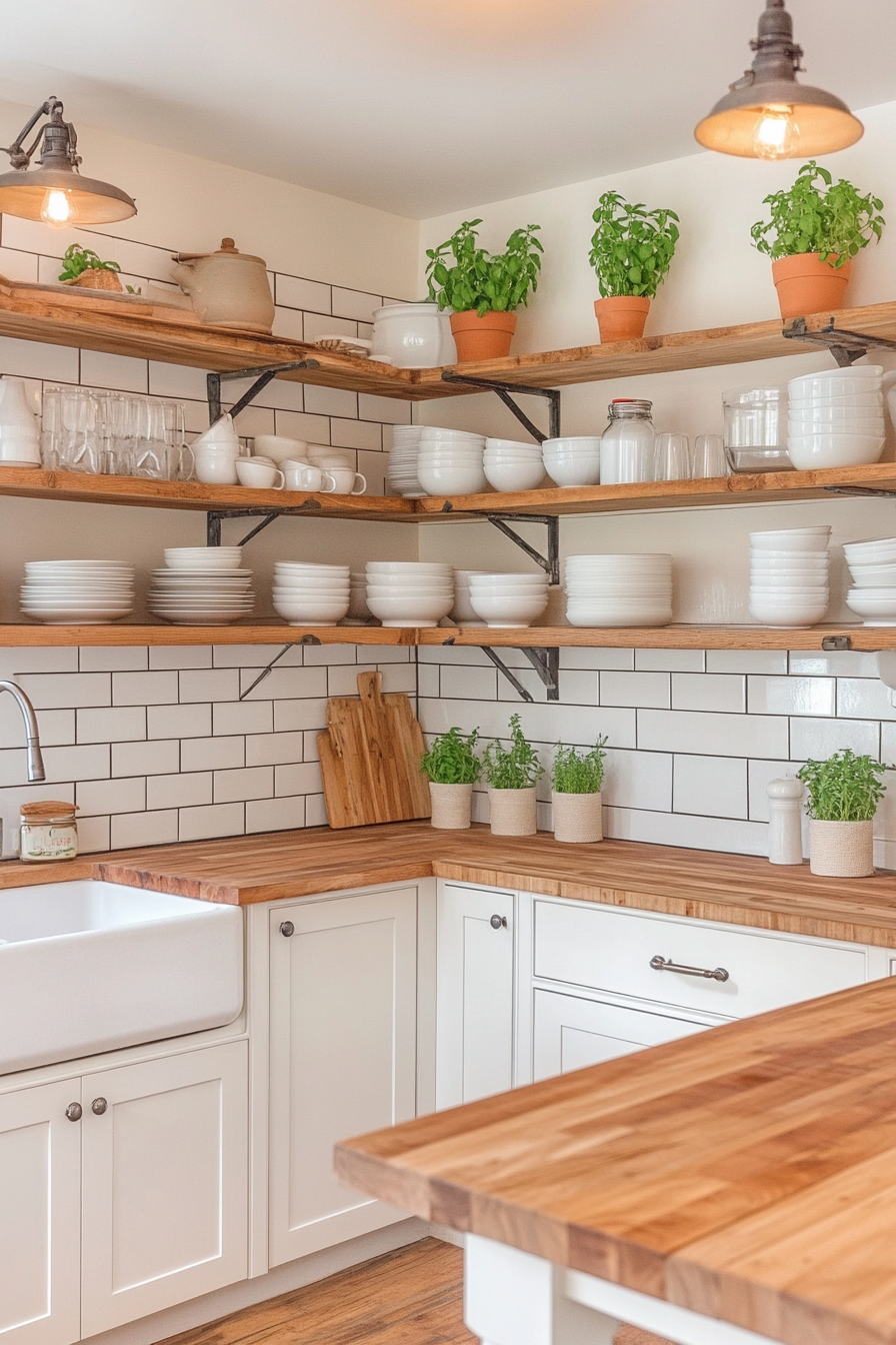 Kitchen with open shelves and rustic decoration