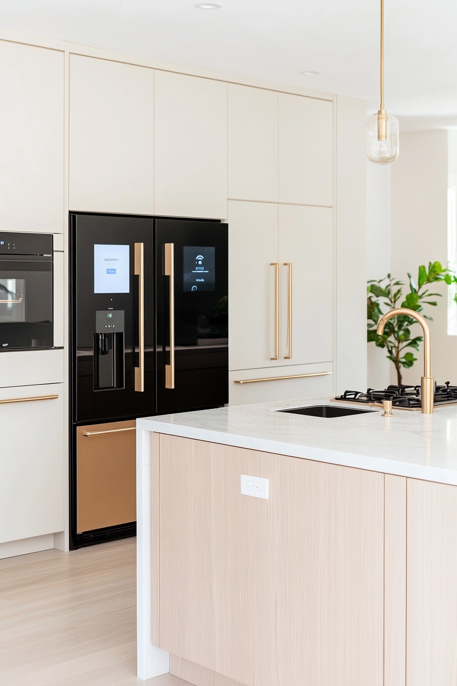 Smart kitchen with integrated appliances and voice-activated assistants