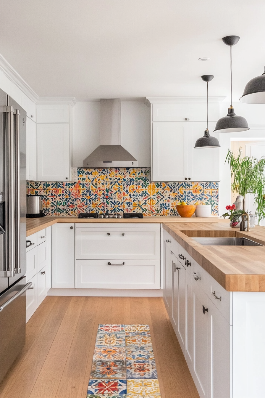 Kitchen with vibrant geometric tile backsplash