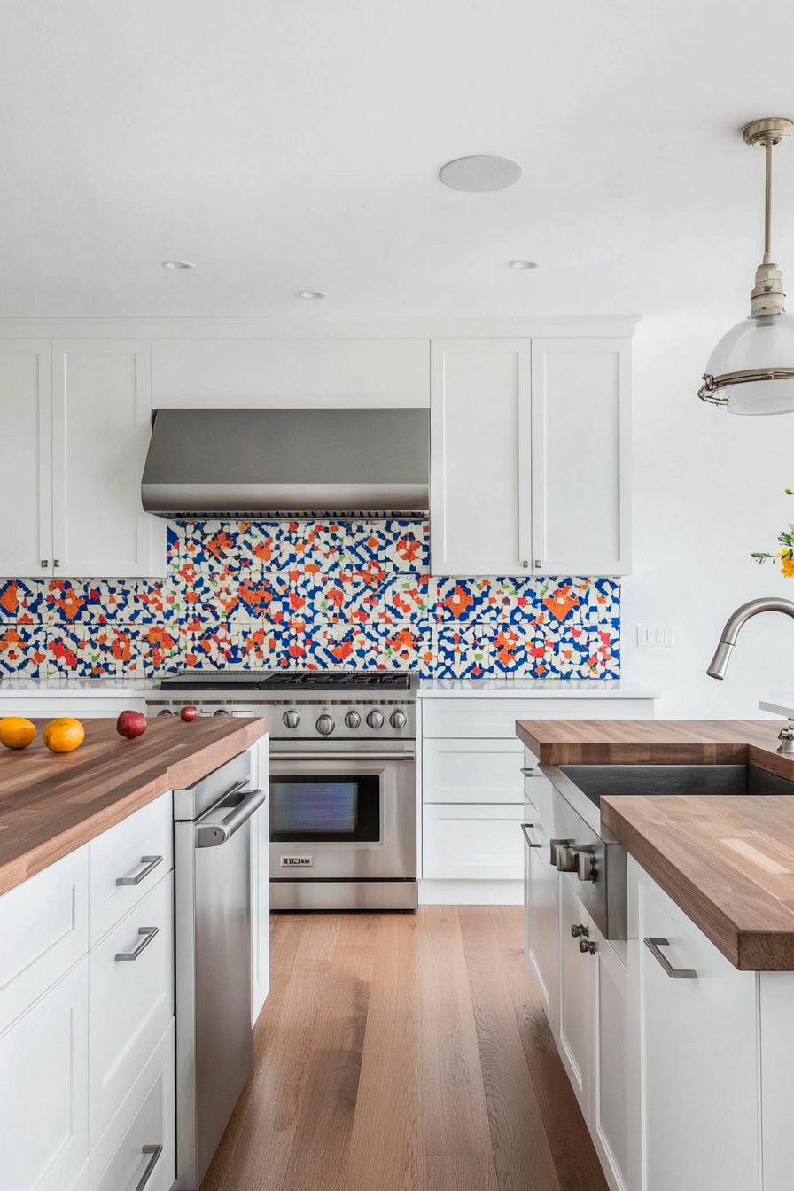 Kitchen with vibrant geometric tile backsplash