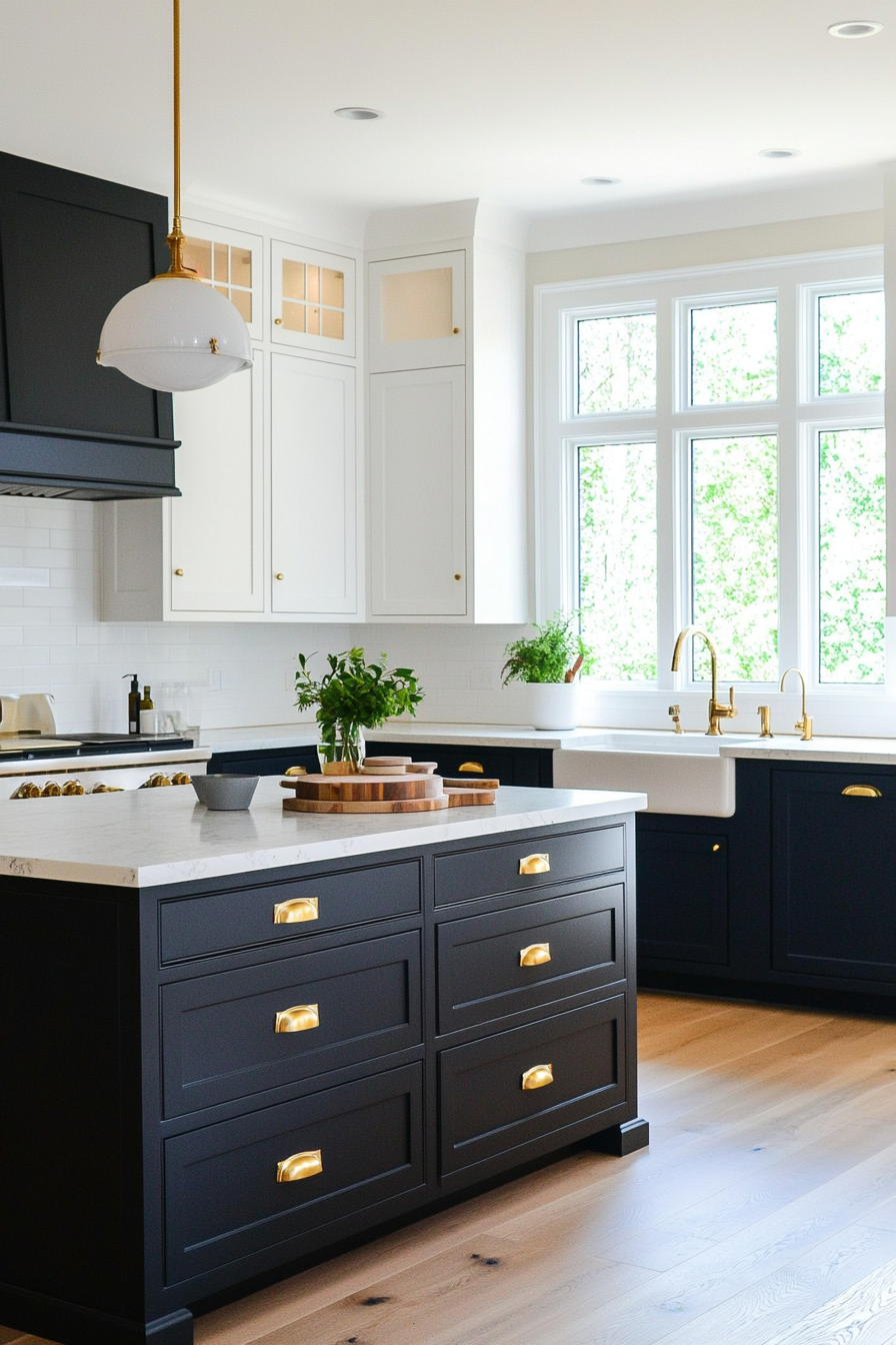 Kitchen with dark blue lower cabinets and white upper cabinets