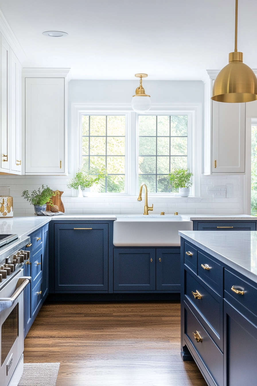 Kitchen with dark blue lower cabinets and white upper cabinets