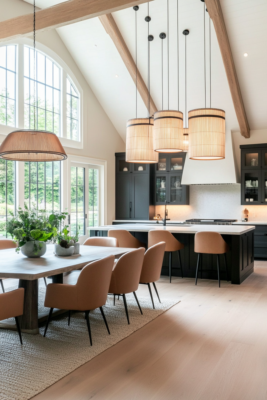 Kitchen with large pendant lighting fixtures