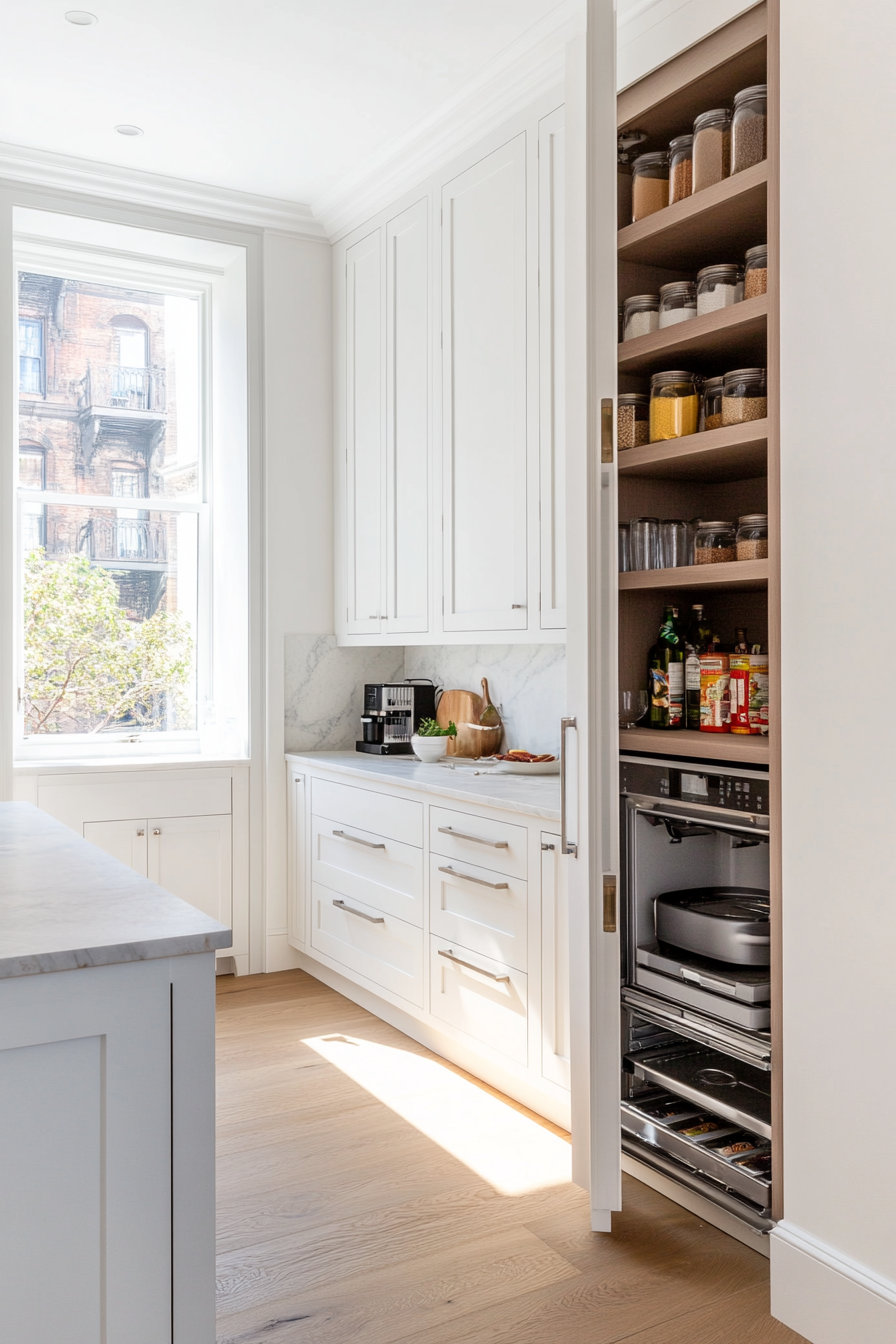 Kitchen with custom cabinets and hidden storage solutions