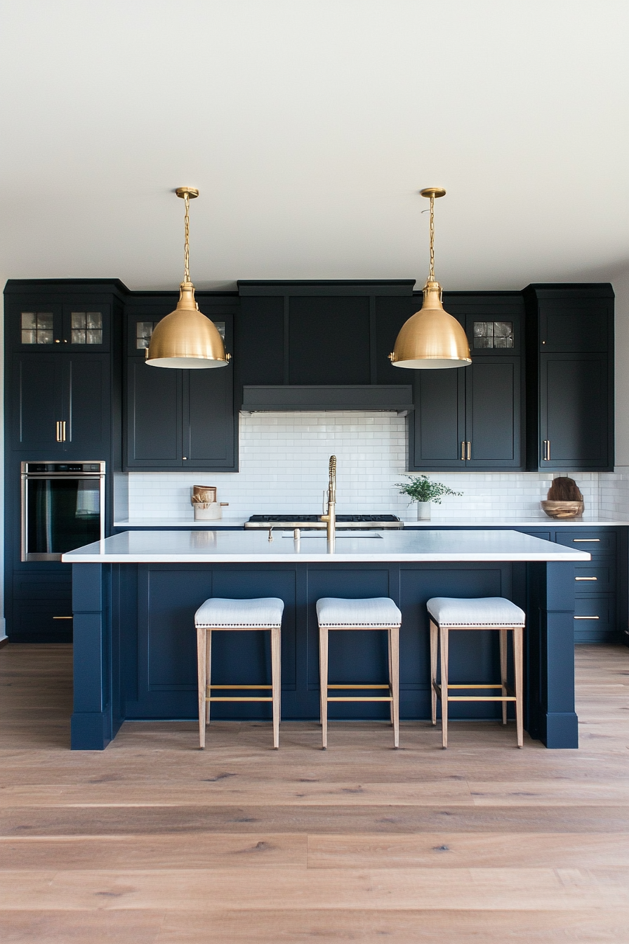 Kitchen with dark blue cabinets and brass hardware