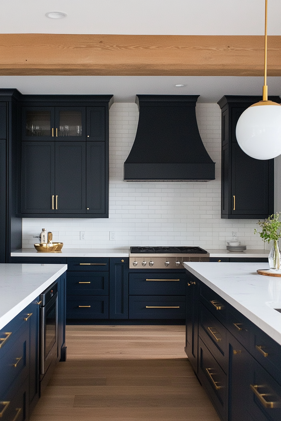 Kitchen with dark blue cabinets and brass hardware