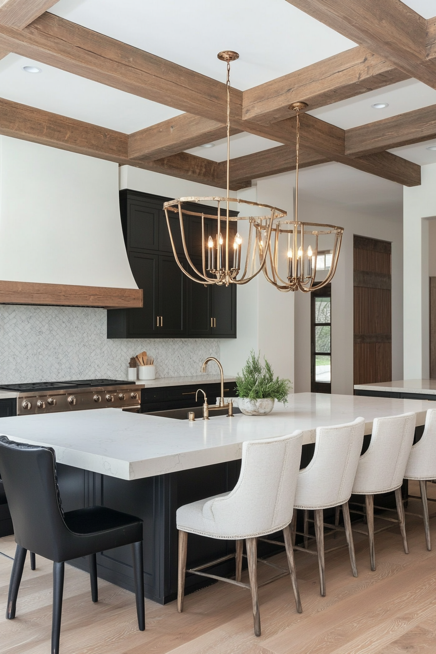 Kitchen with large pendant lighting fixtures